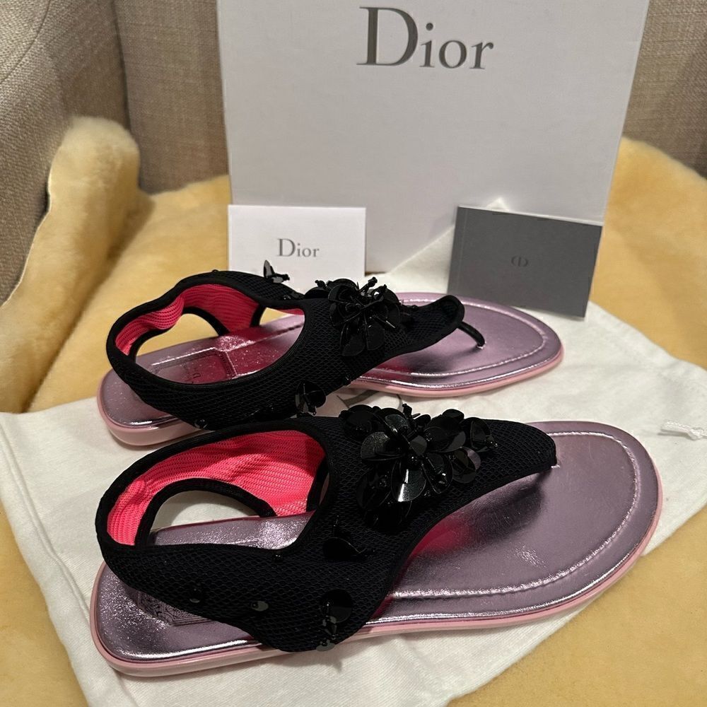 Christian Dior black nylon printed T-strap sandals size 41, NWT - Picture 2 of 10